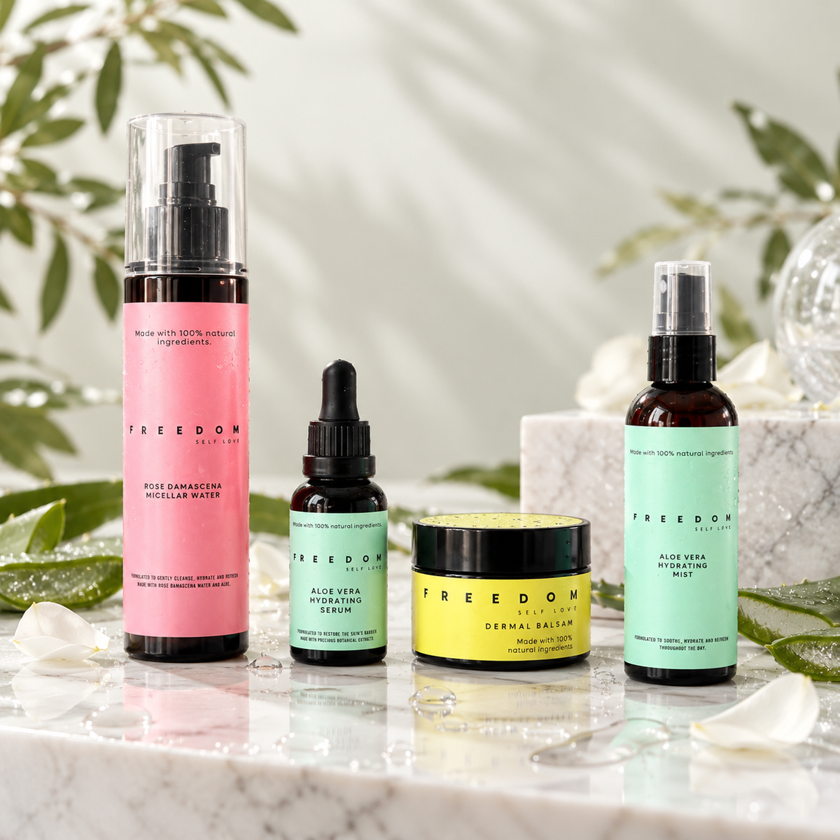 The 4-Step Freedom Self-Love Hydration & Barrier Ritual natural skincare products displayed together.
