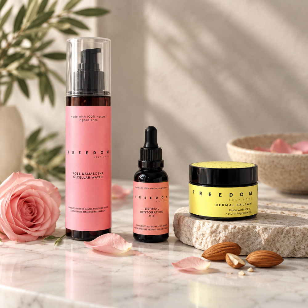 The Complete Barrier Shield Set natural skincare products—featuring Rose Micellar Water, Rose Dermal Restoration Oil, and Dermal Balsam—displayed on stone with dried rose petals.